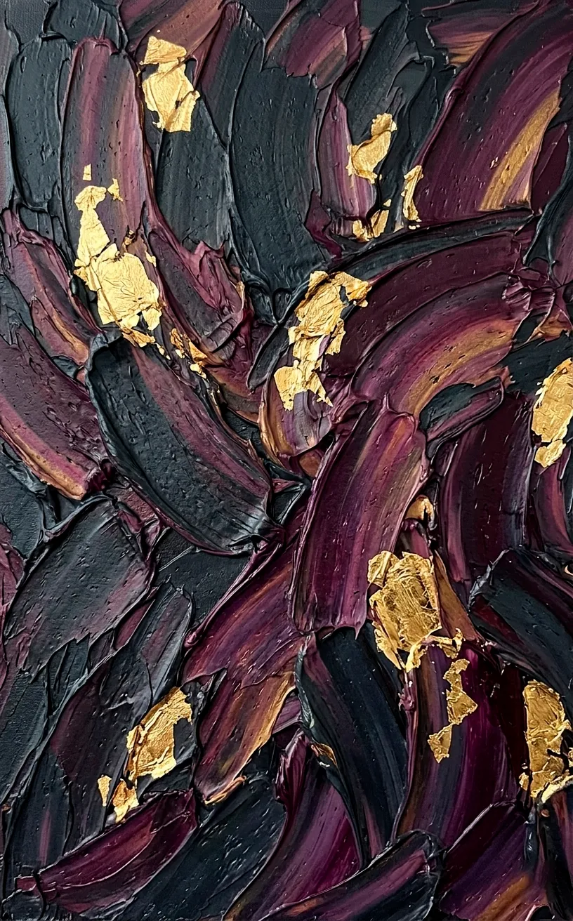 Close up of abstract painting with plum and charcoal textures.