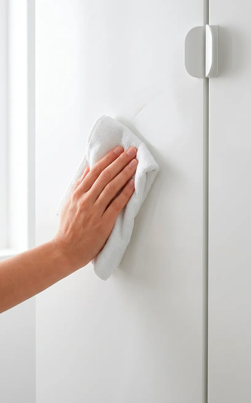 Hand cleaning a white cabinet door to maintain a bright monochrome aesthetic.