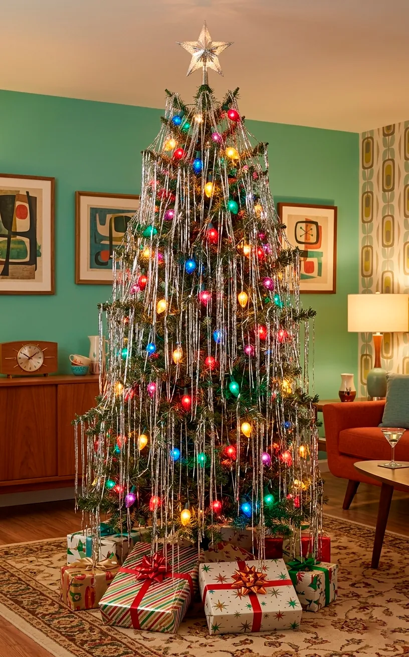 Mid-century style Christmas tree decorated with heavy silver foil tinsel and C7 lights.