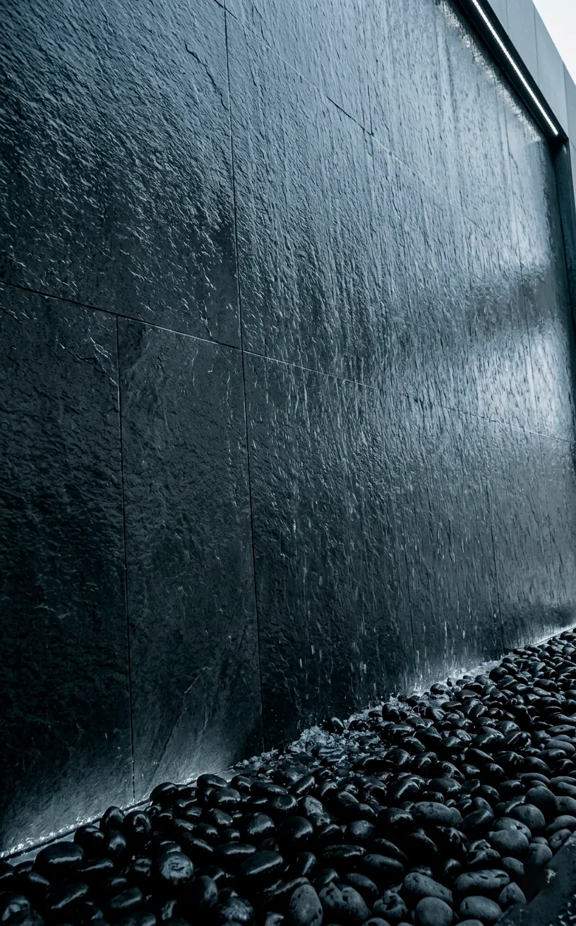 Tall charcoal slate outdoor water wall fountain with flowing water.
