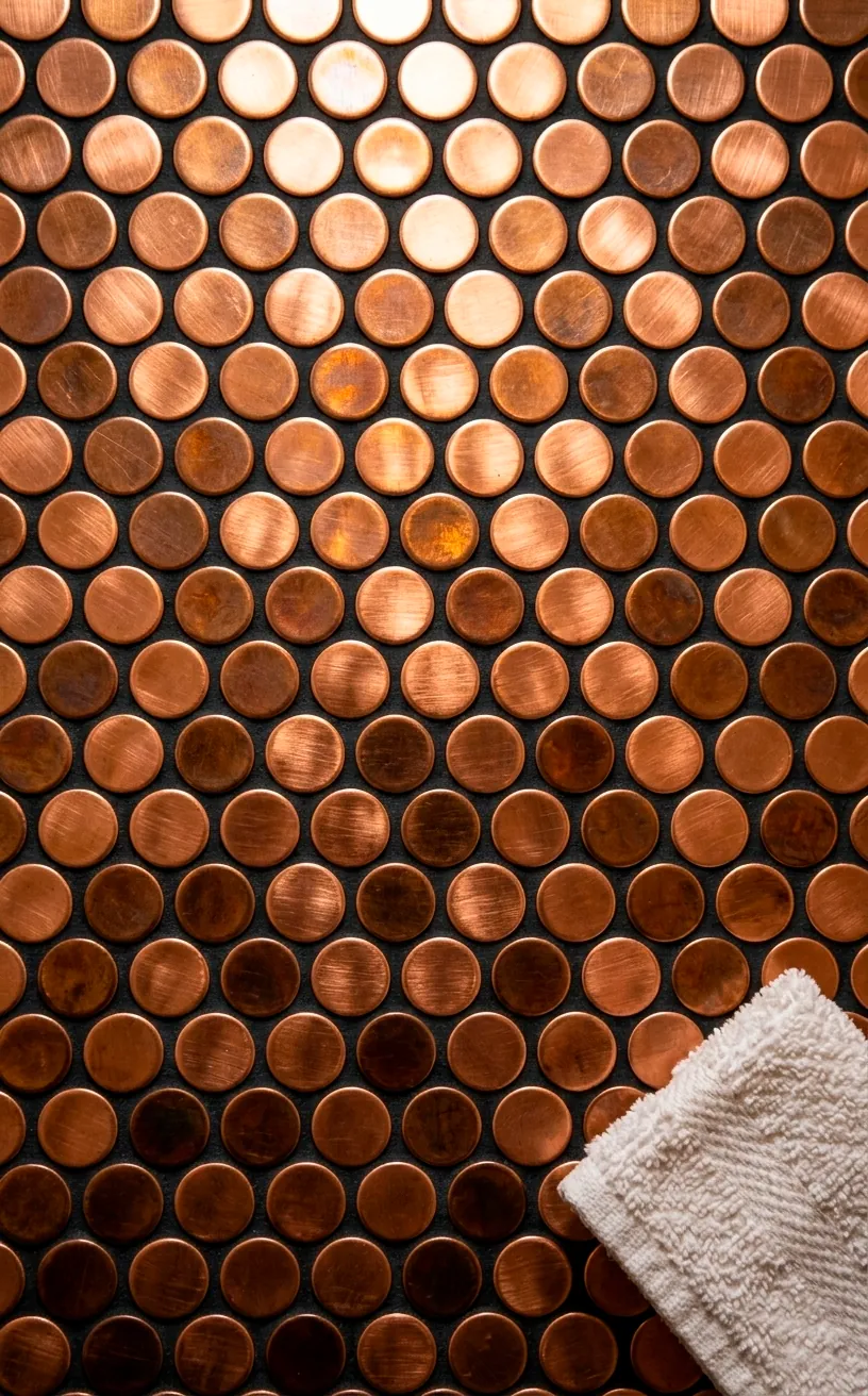 Close-up of matte copper penny tiles with dark grout on a bathroom floor.