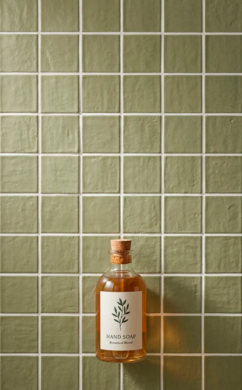Close-up of sage green subway tiles with realistic texture and grout lines.
