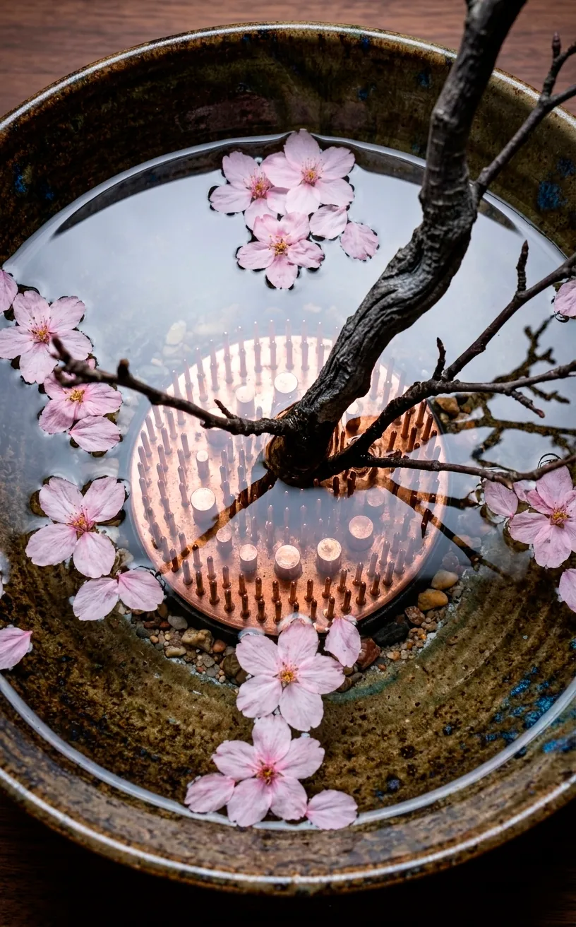 Top-down view of an Ikebana bowl with cherry blossoms and clear water, minimalist floral art.
