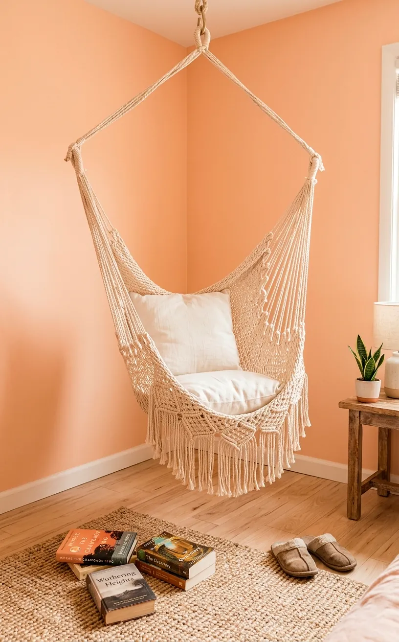 Vanilla macramé hammock chair hanging in a peach-walled bedroom corner.