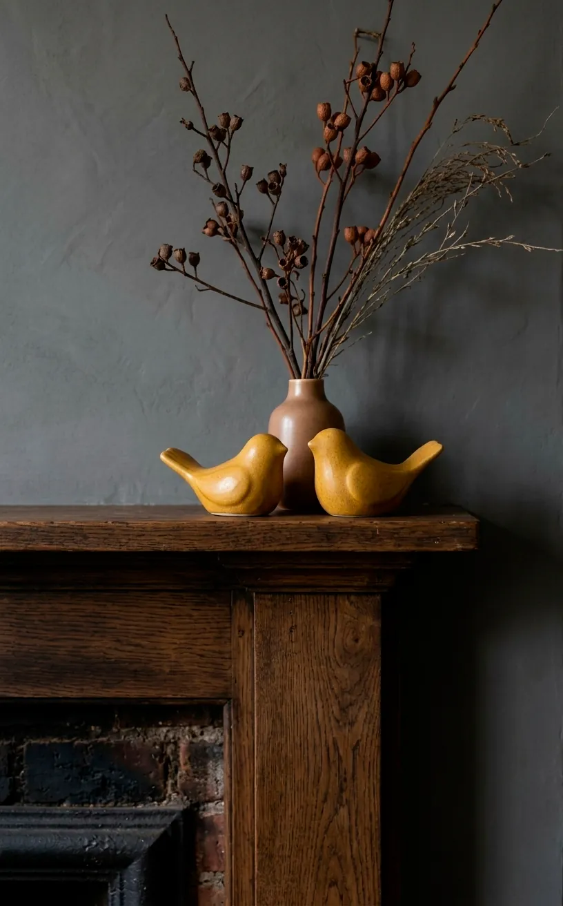 Mustard yellow ceramic bird figurines on a wooden mantle.