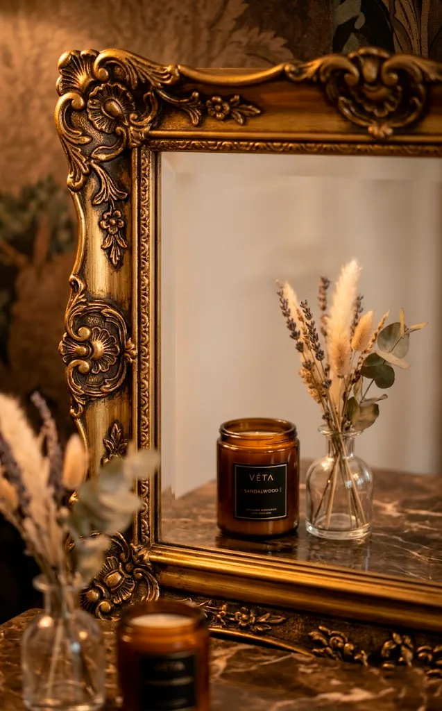 Detail of a carved gold mirror frame reflecting a luxury candle and flowers.