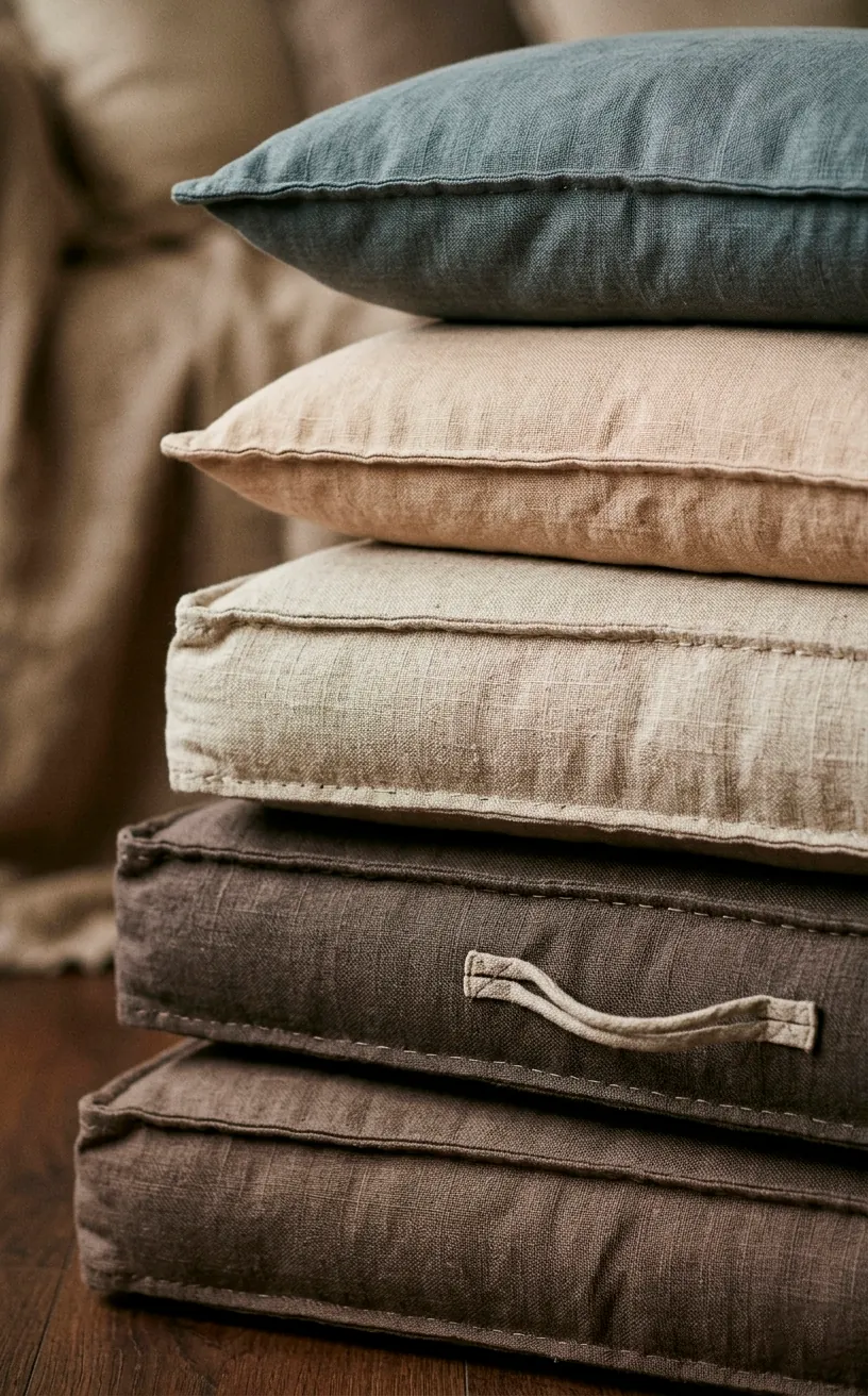 Stack of neutral-colored linen floor cushions for a cozy Japandi home.