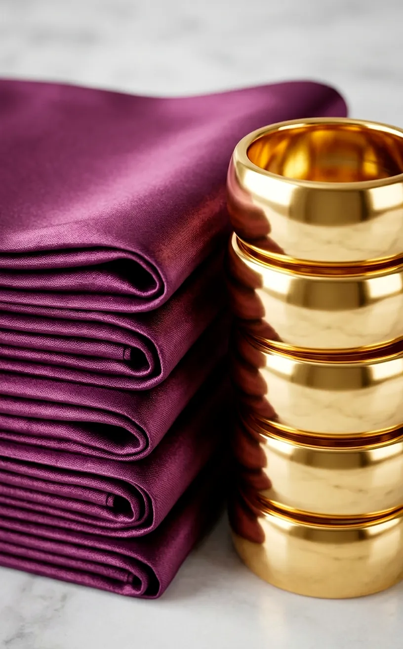 Folded plum silk napkins and polished gold napkin rings.