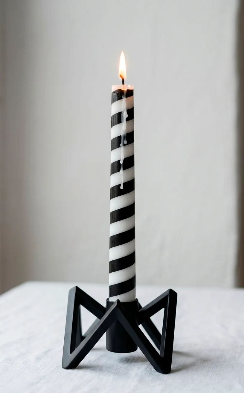 Detailed shot of a striped black and white candle burning in a geometric holder