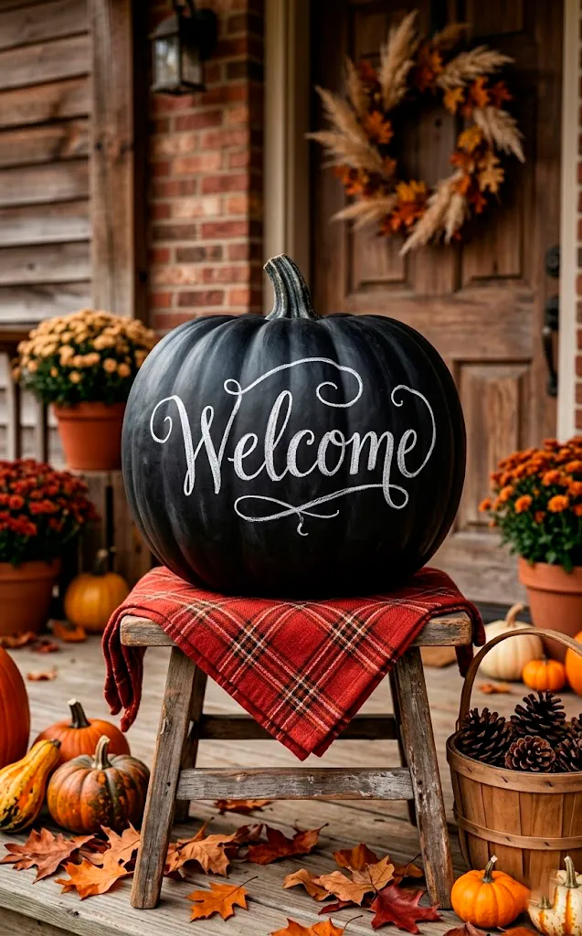 Black chalkboard pumpkin with white script on a plaid-covered wooden stool.