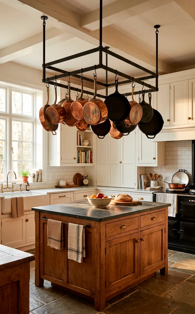 Black steel ceiling-mounted pot rack with hanging pans in a kitchen.