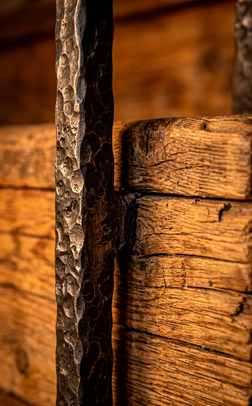 Close-up of hammered iron texture on a rustic pine wood staircase.