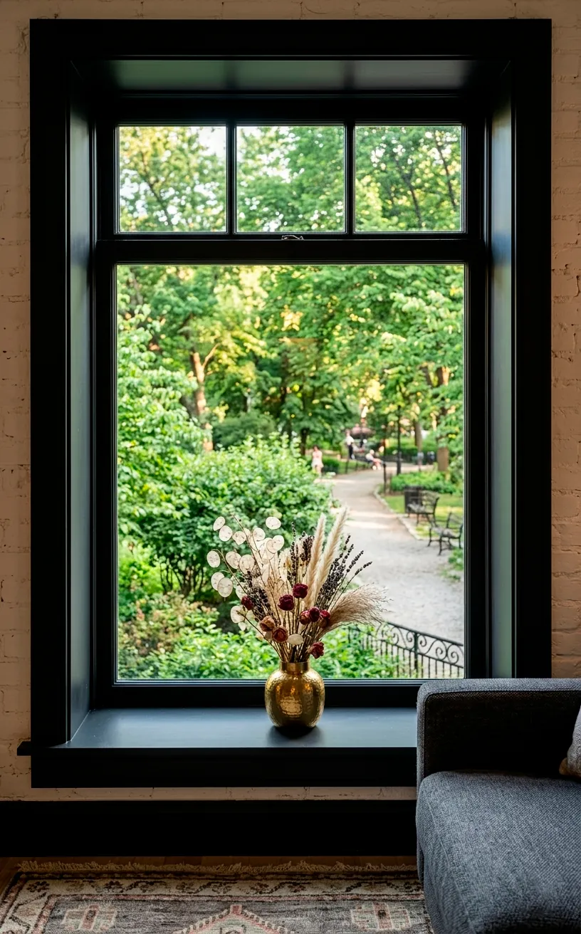 Small window with matte black frames and a gold vase on the sill overlooking a park.