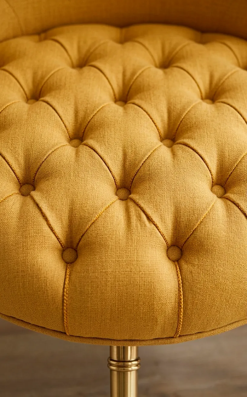 Close-up of mustard yellow tufted upholstery and fabric texture on an accent chair.