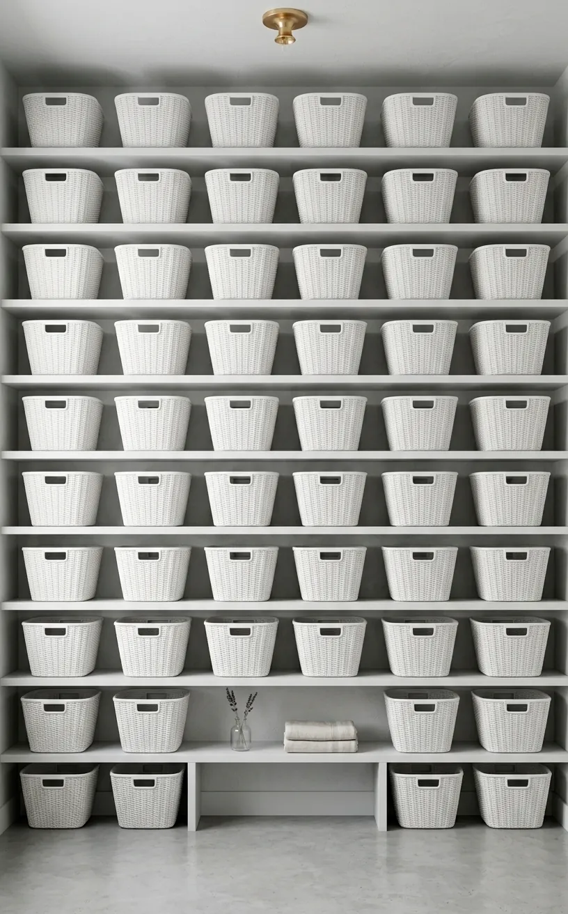 Symmetrical open shelving with matching white tapered storage baskets.