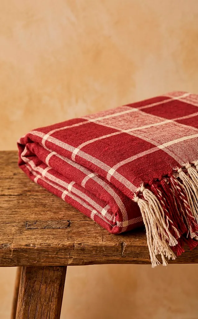 Detail of a red and cream windowpane check linen throw blanket.