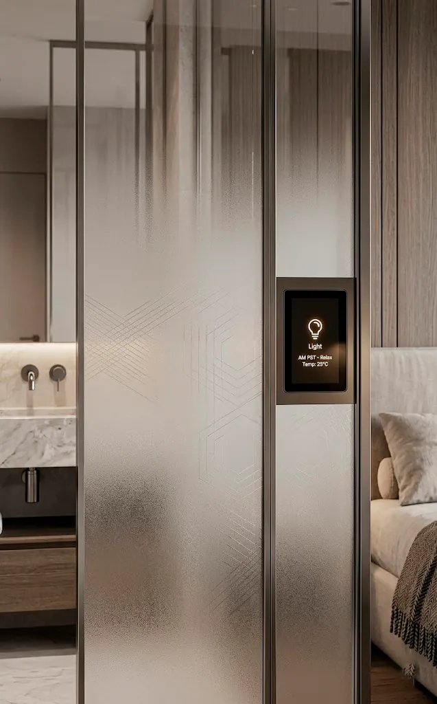 Smart glass partition with a gradient frost effect and a modern wall control panel.