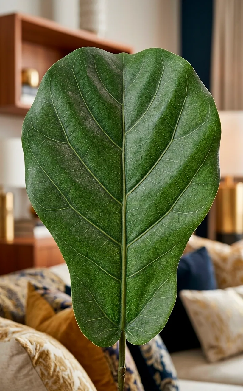 Close-up of a high-quality artificial Fiddle Leaf Fig leaf showing realistic veins.
