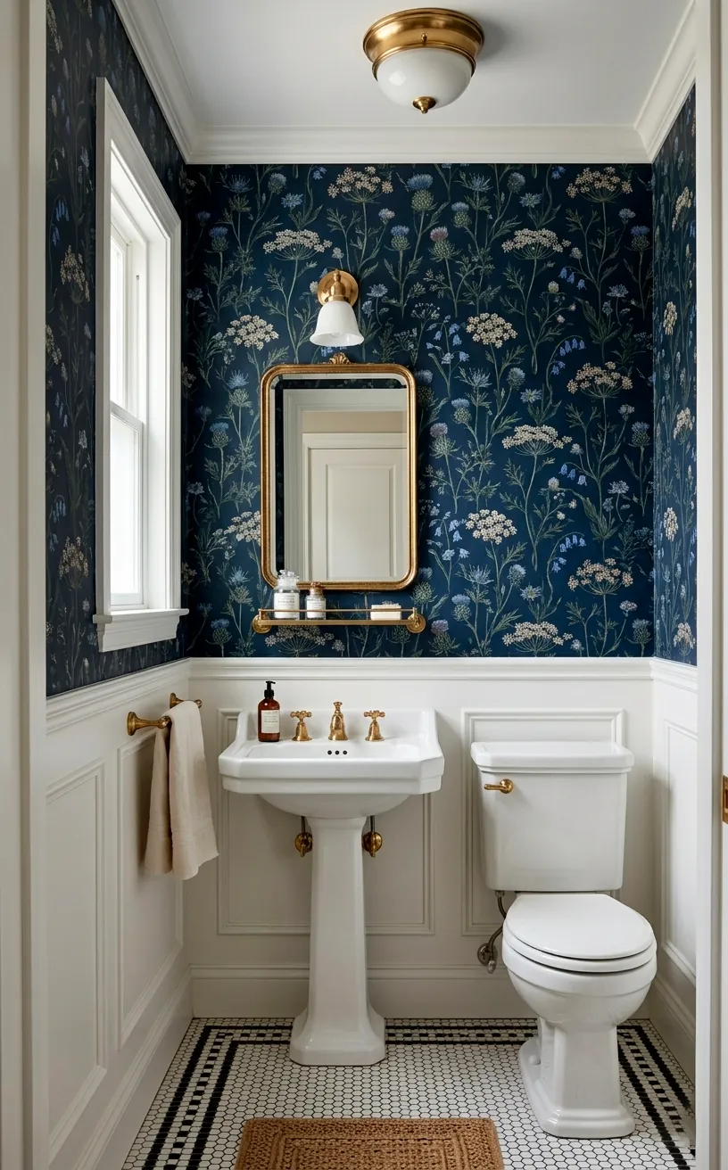 Inky indigo wildflower wallpaper with white wainscoting in a traditional bathroom.