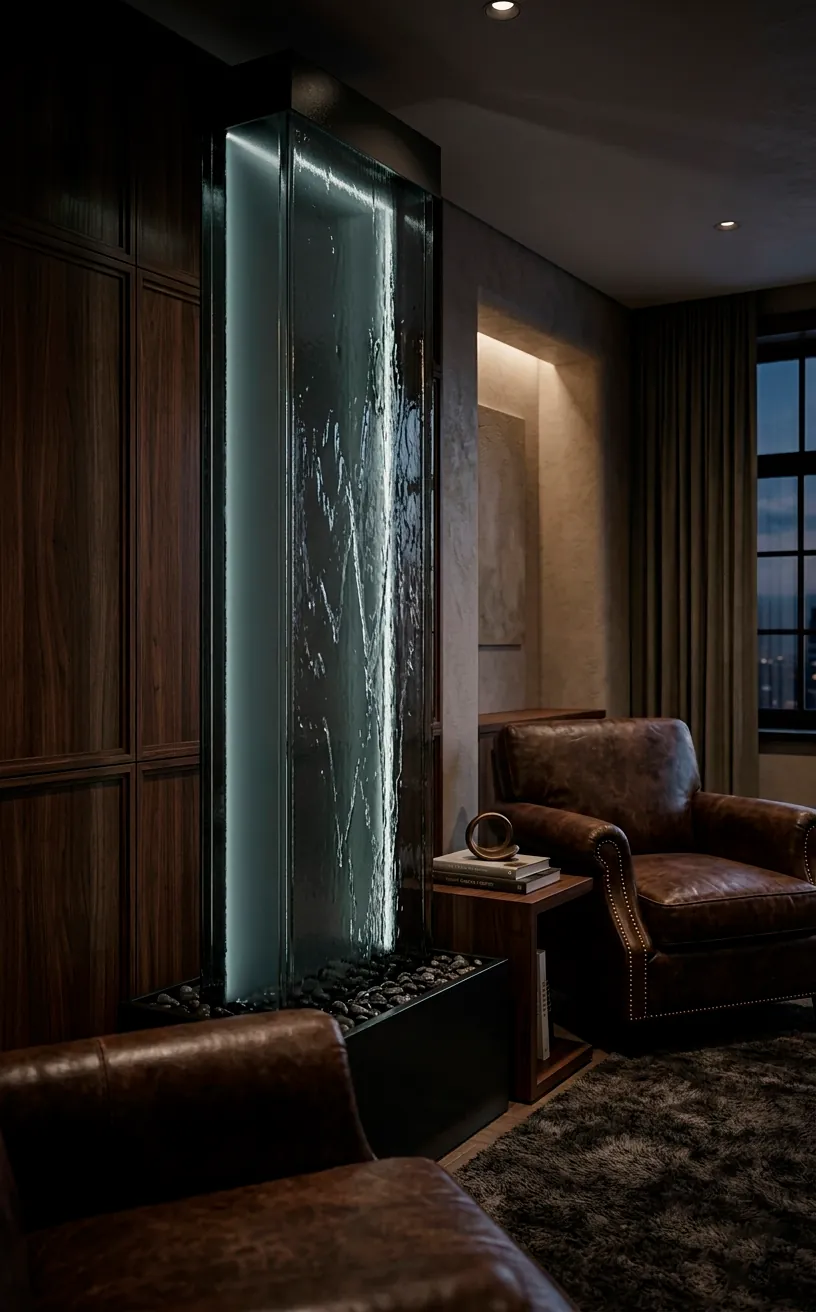 Sophisticated smoke-toned glass pillar fountain in a dark, luxury office with leather accents.