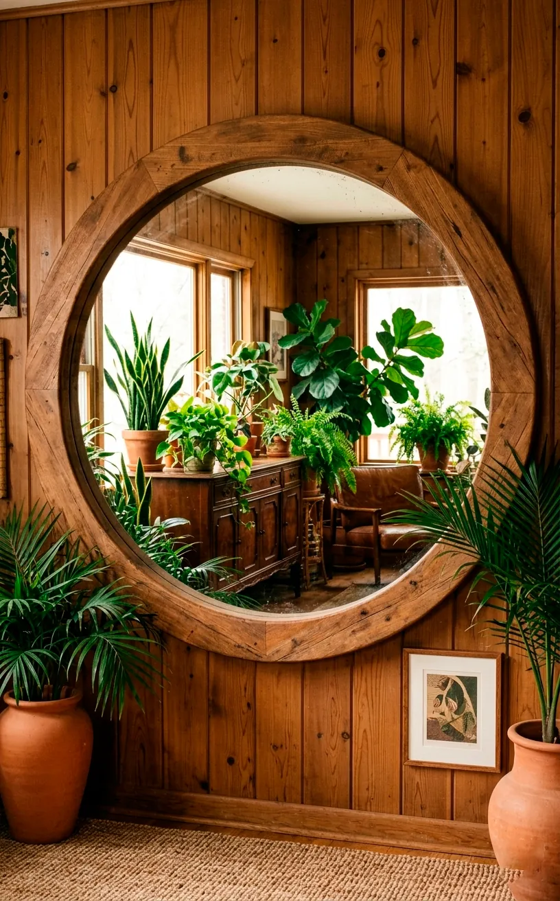 Large round wooden mirror reflecting a nature-inspired interior.