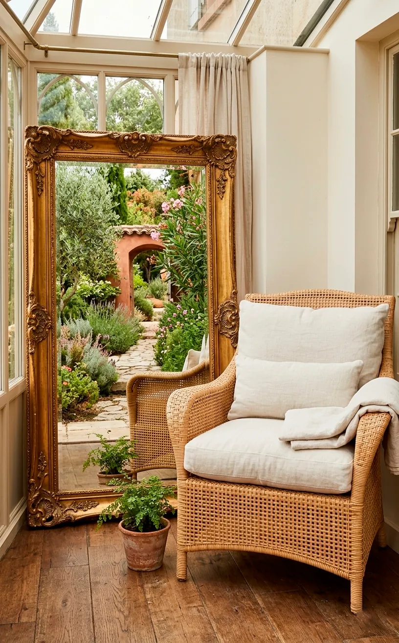 Rattan chair paired with a large gold ornate mirror in a sunroom.