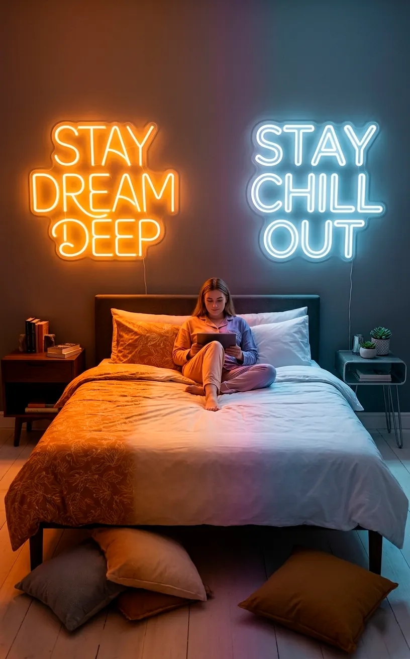 Warm amber and cold white neon signs creating color contrast in a bedroom.