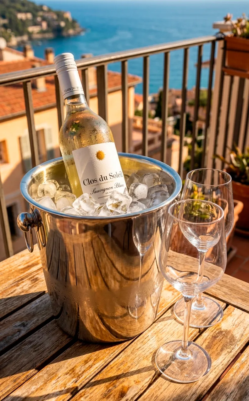 A stainless steel wine bucket with a chilled bottle of wine on a balcony dinner table.