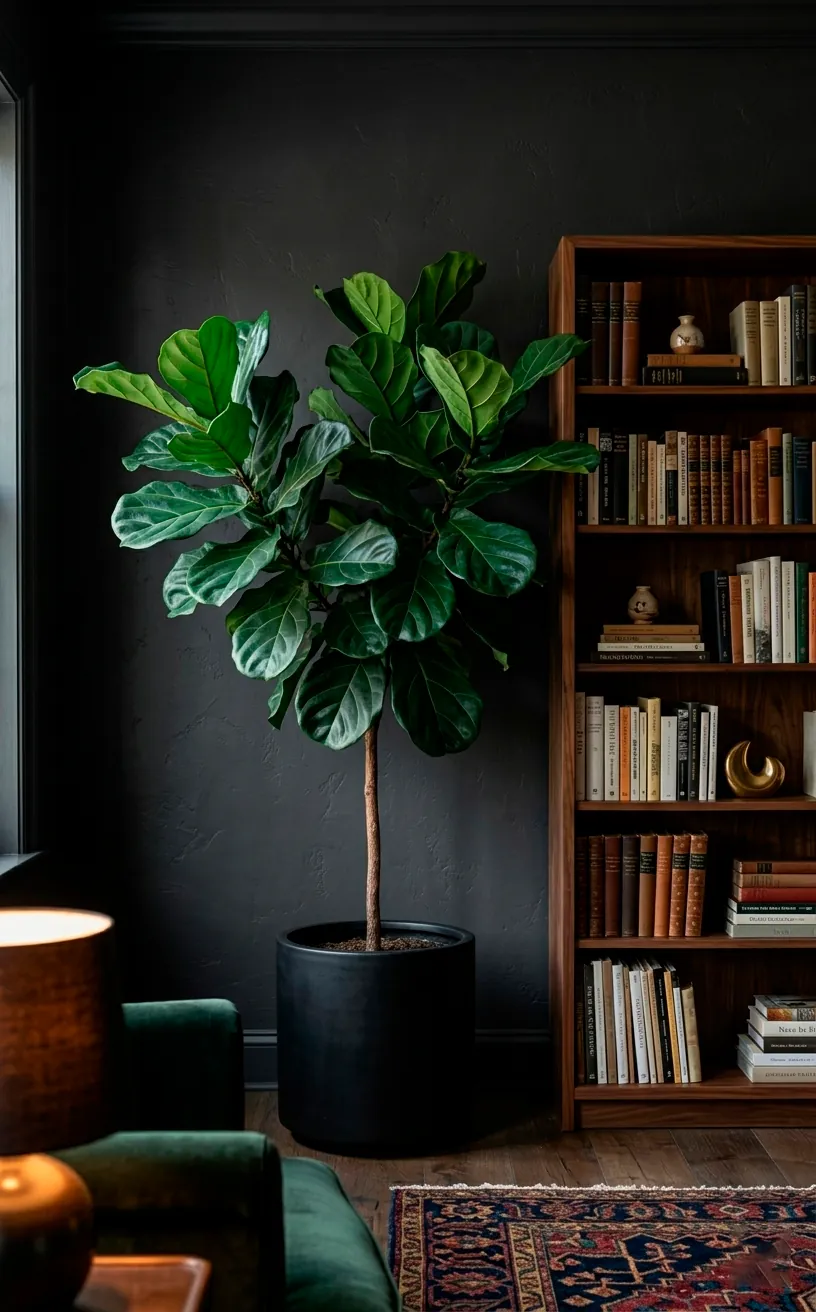 Large Fiddle Leaf Fig in a matte black pot against a moody charcoal wall.
