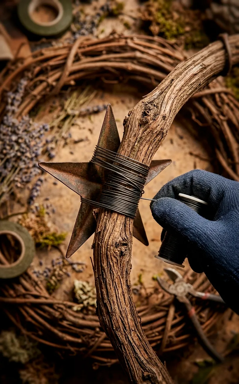 Close-up of floral wire securing decorations to a grapevine wreath.