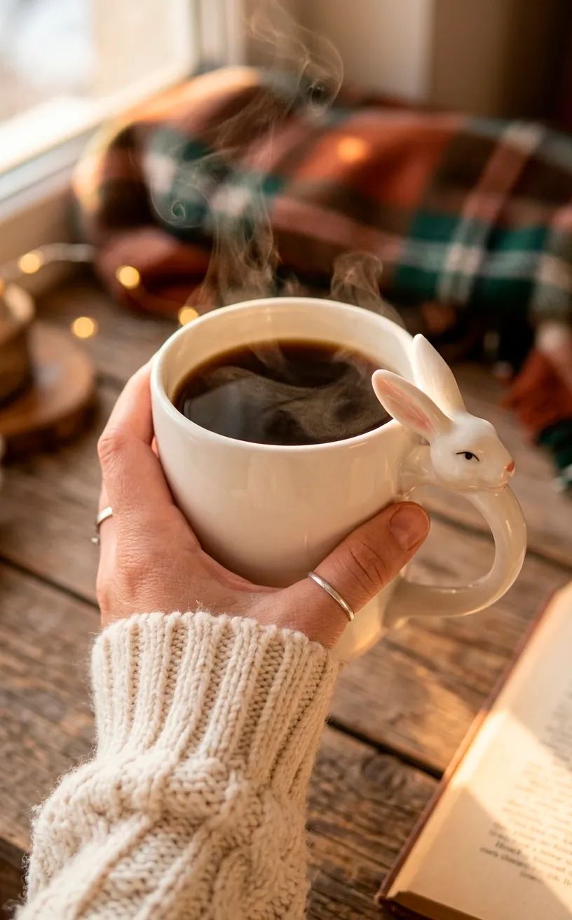 White ceramic mug with a bunny handle being held in a cozy setting.