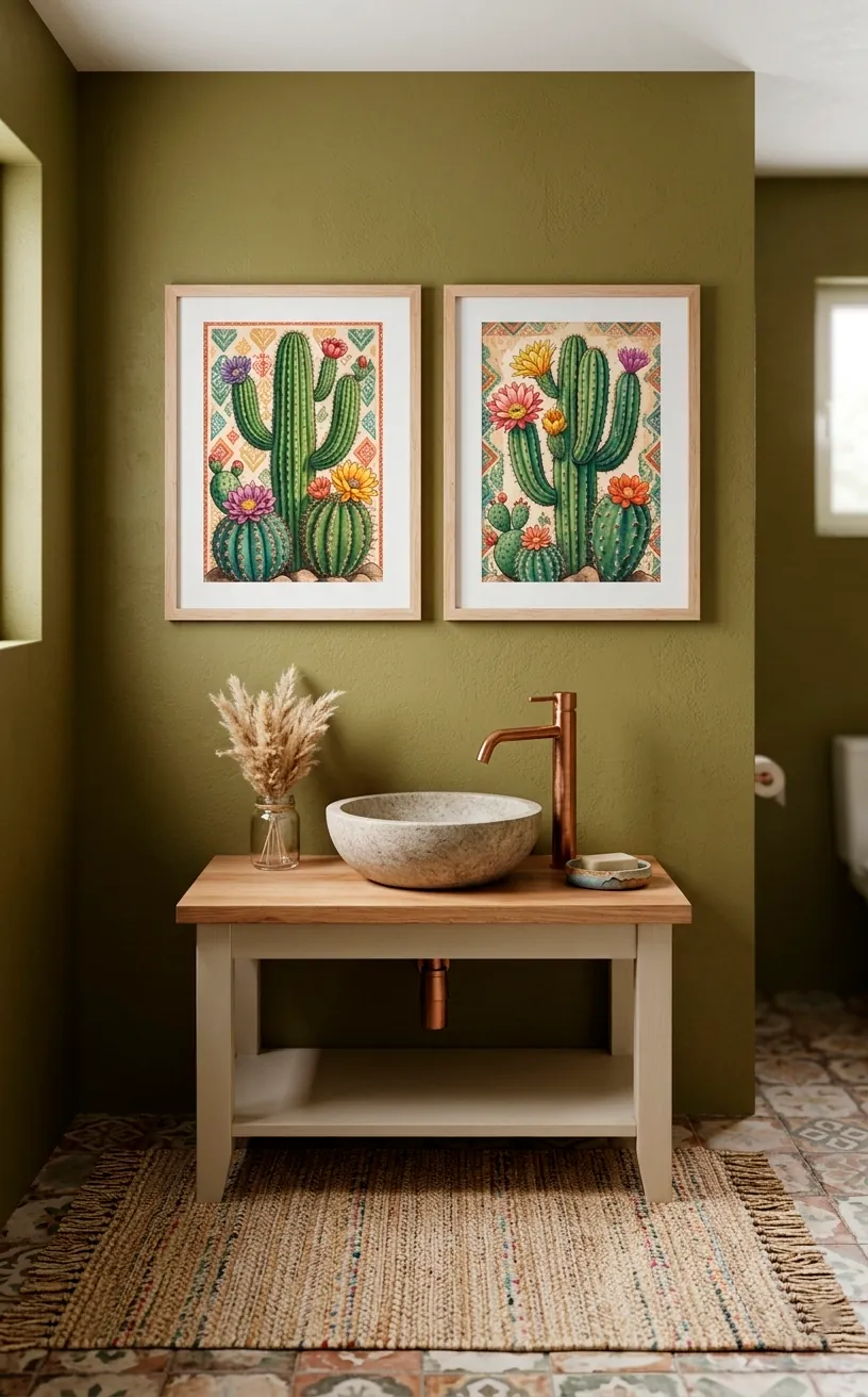 Cacti portrait prints in a boho-style green bathroom.