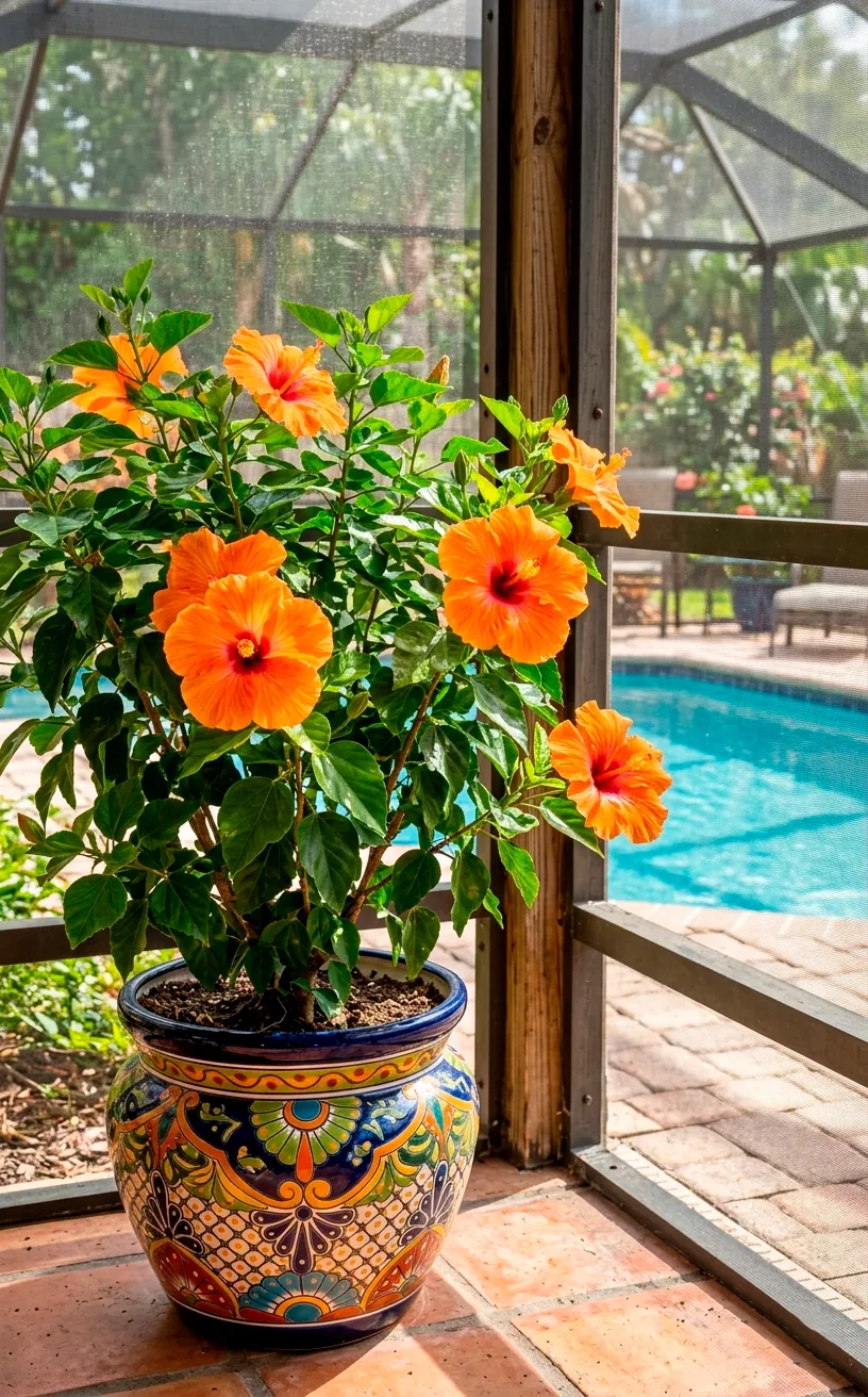 Flowering orange Hibiscus in a talavera pot on a porch.