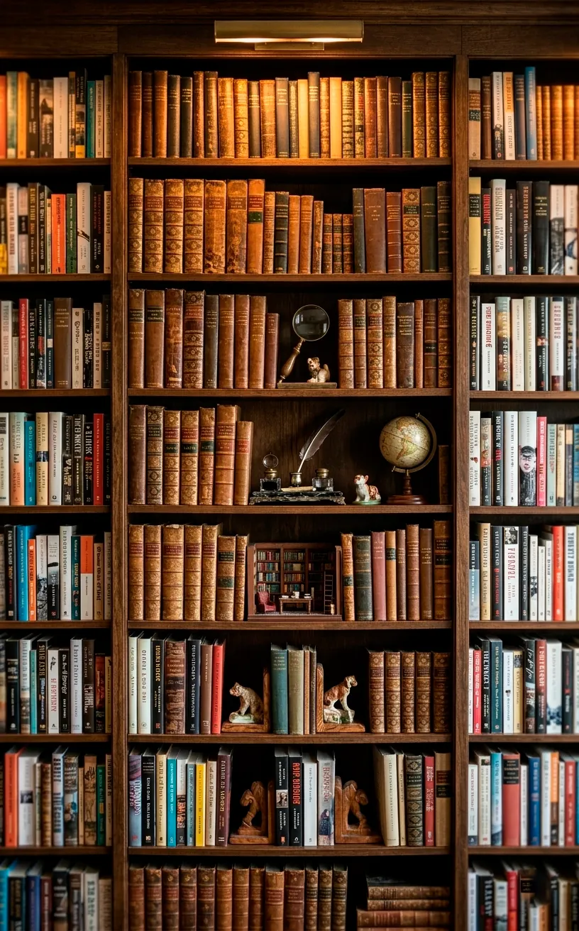 Stylishly messy bookshelf with vintage books and decor.