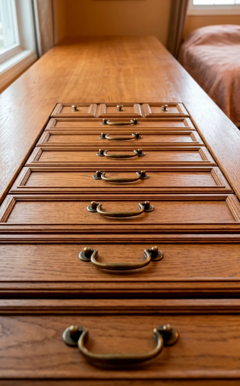 Side perspective of a long dusty blue dresser with multiple drawers.