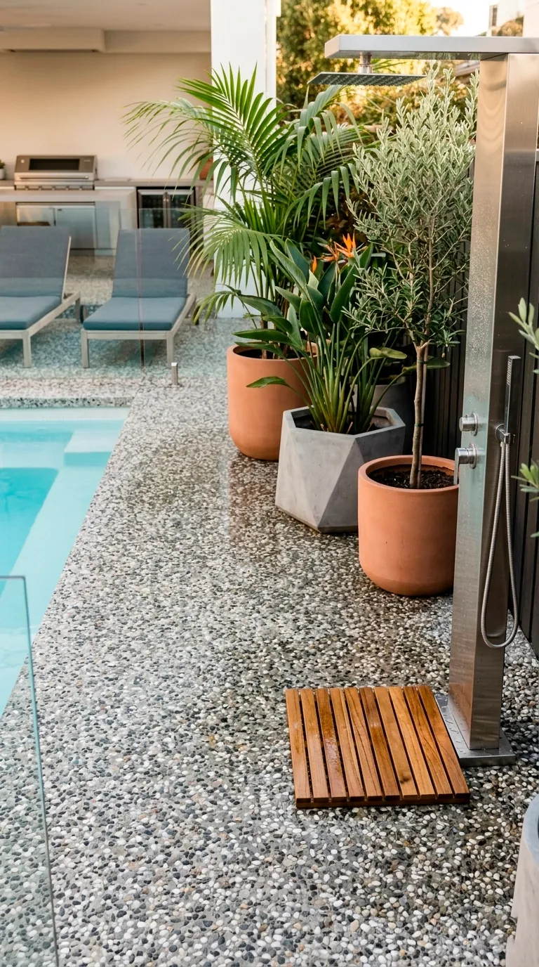Exposed aggregate concrete patio with gray and white pebbles.