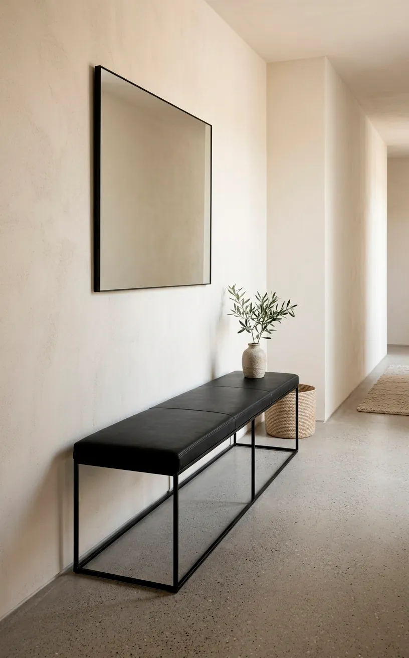 Minimalist black leather entryway bench with slim metal frame.