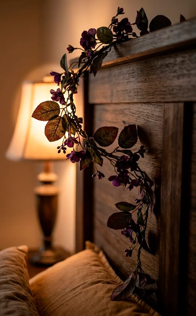 Dark floral garland draped over a wooden headboard with warm backlight.