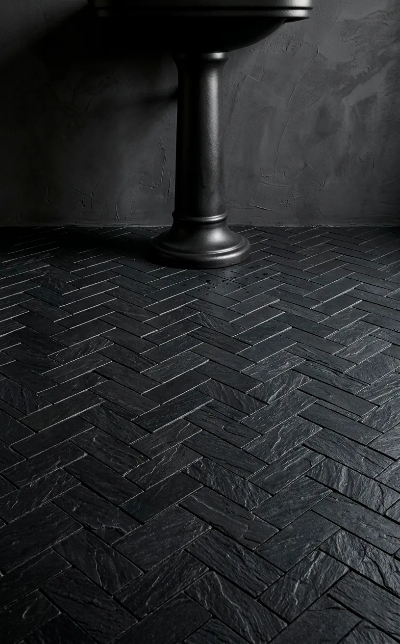 Black herringbone slate floor in a sophisticated powder room.