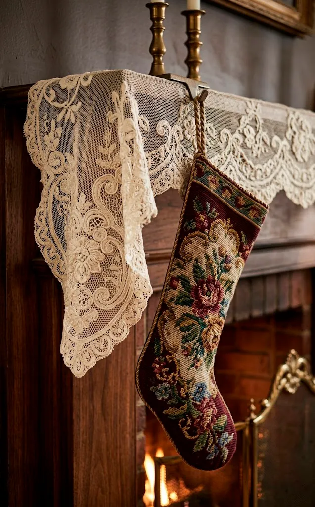 Detailed view of a lace mantel runner and a Victorian needlepoint stocking.