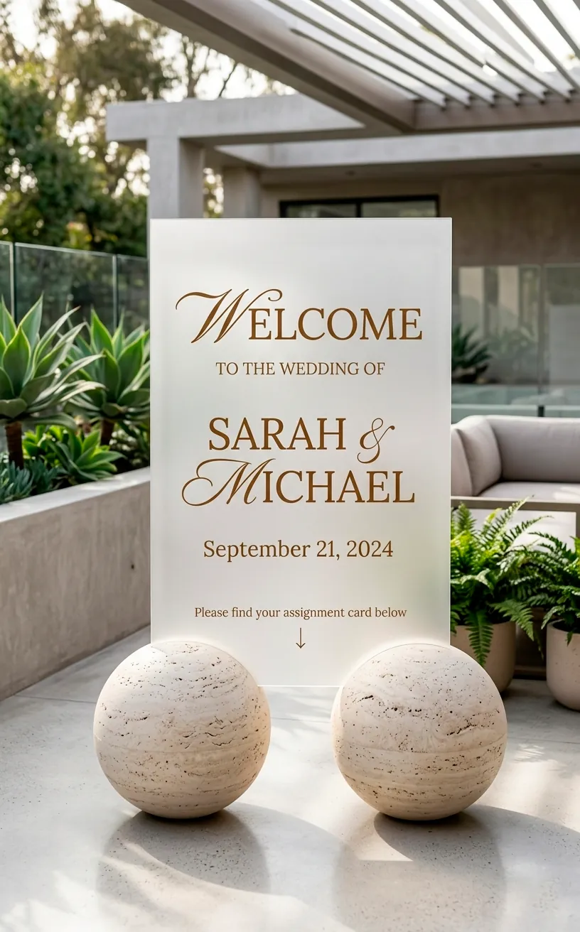 Travertine stone spheres used to hold a modern frosted wedding sign.