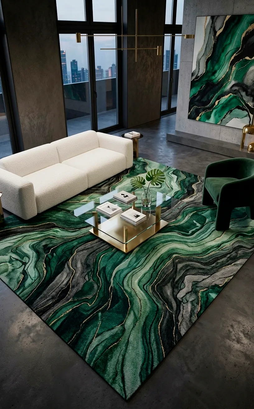 Modern living room with an abstract forest green marble pattern rug.