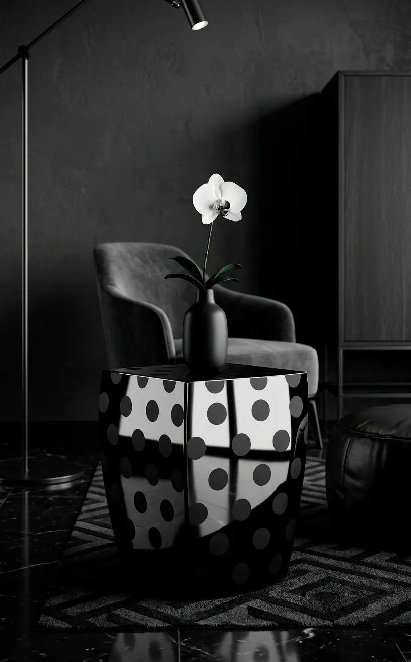 Modern black side table with matte polka dots on a glossy surface in a chic room.