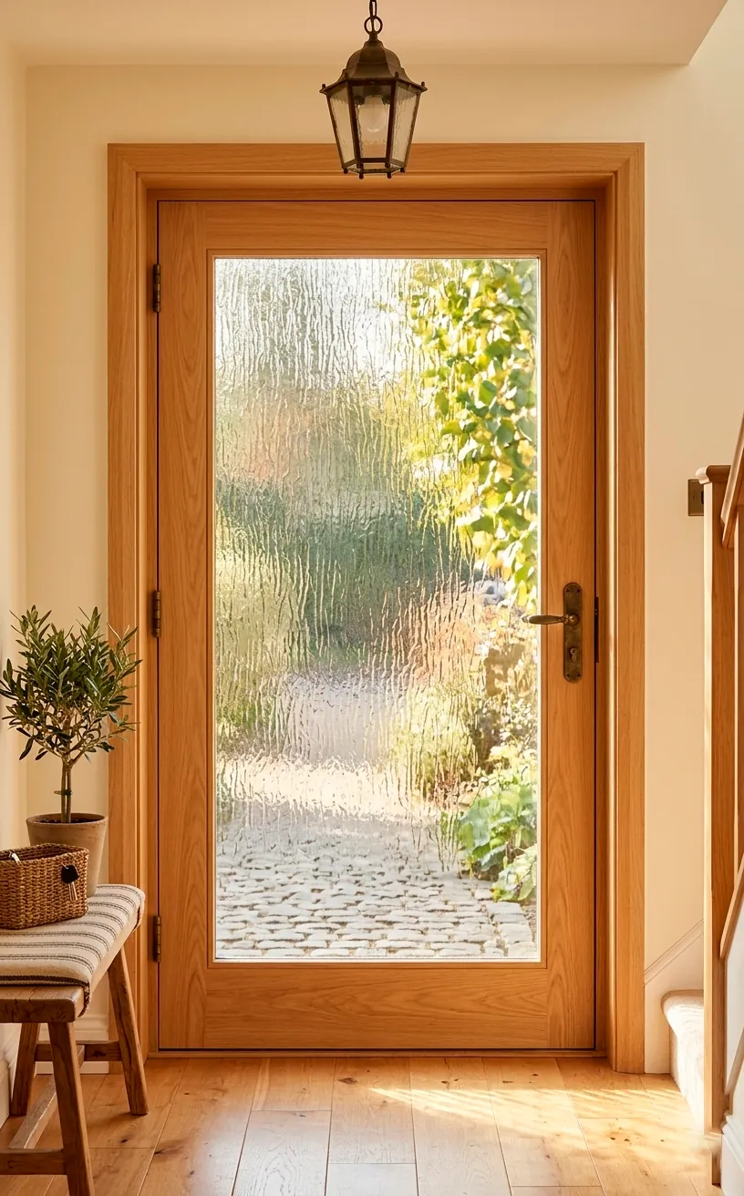 Modern oak front door with rain glass texture providing privacy and light.