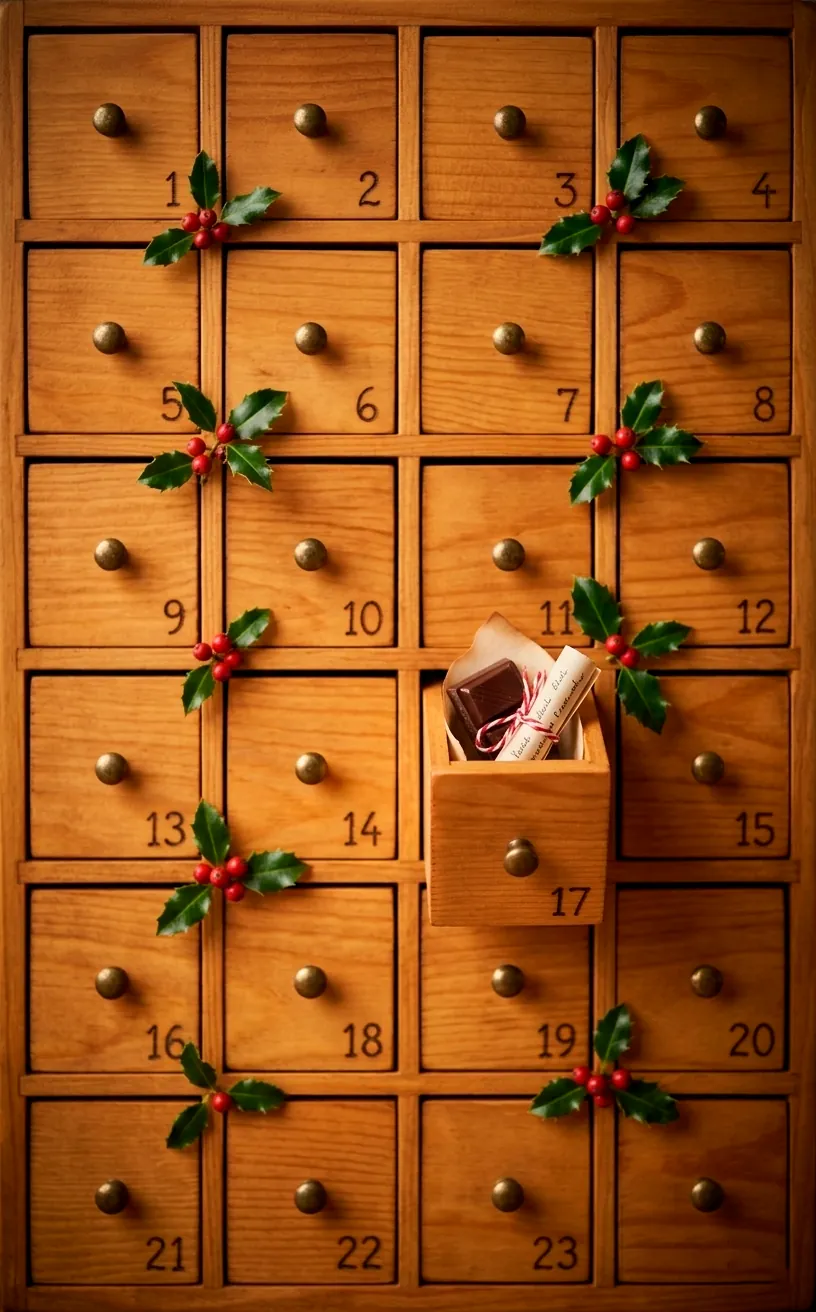 Minimalist wooden advent calendar with holly accents.