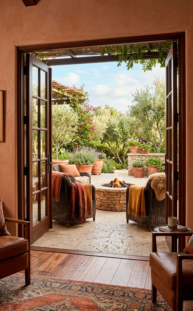 Seamless transition from a rustic indoor living room to an autumn patio.