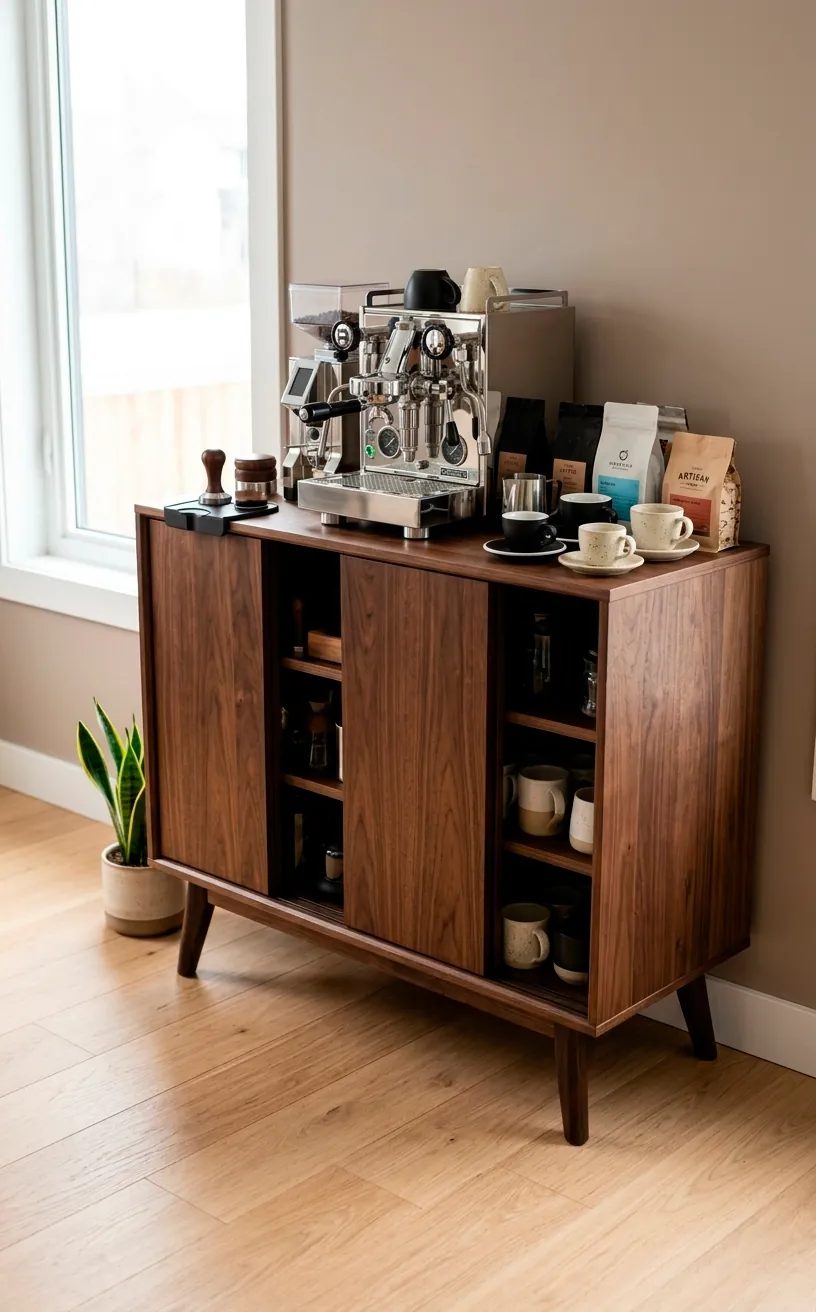 Mid-century modern dark walnut coffee bar cabinet with tapered legs.