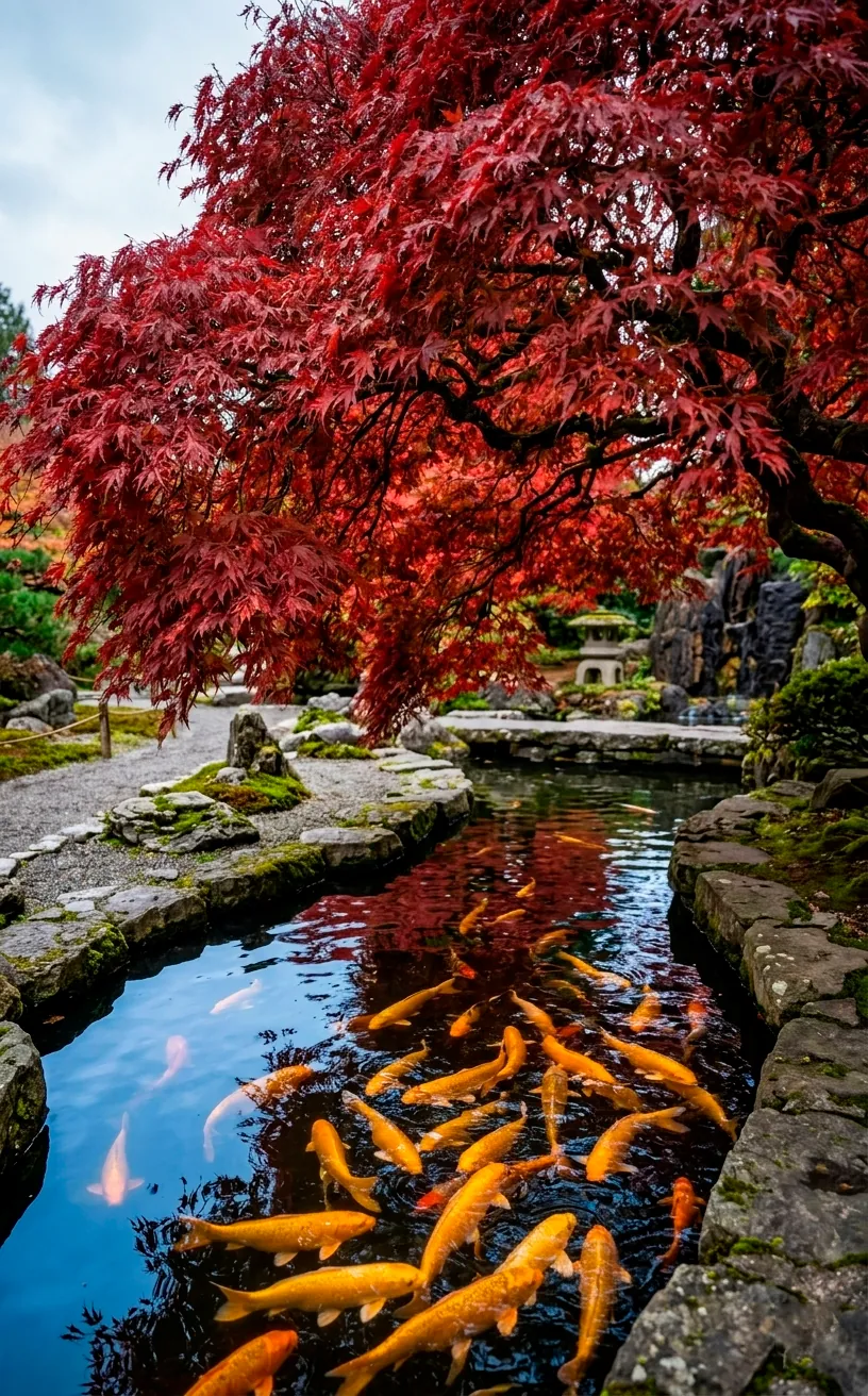 Red Japanese maple tree overhanging a koi pond with red and gold fish.