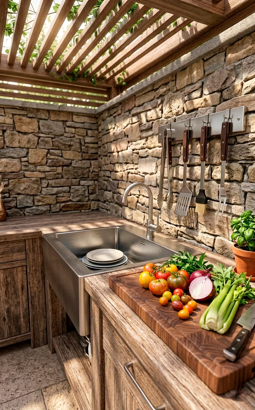 Close-up of an outdoor kitchen prep station with a sink and grilling tools.
