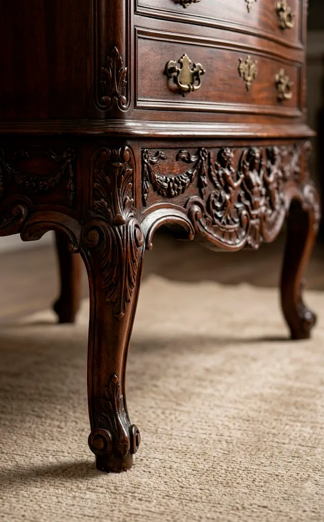 Detailed view of curved legs and carvings on a dusty blue French dresser.